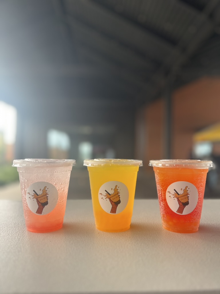 Close-up of a fruity boba drink